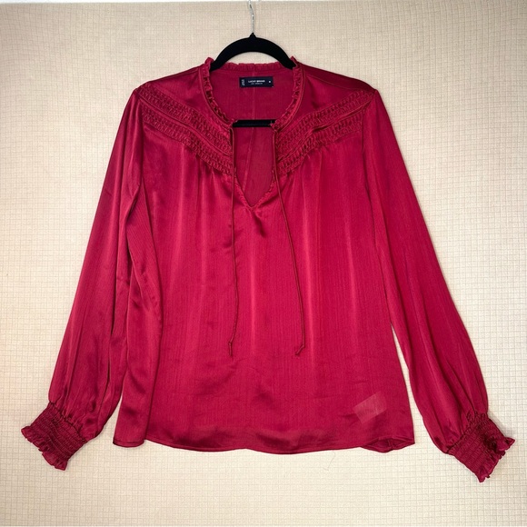 Lucky Brand Womens Boho Blouse Top Size M Red Satin V Neck Long Sleeve Tie Front - Picture 1 of 10